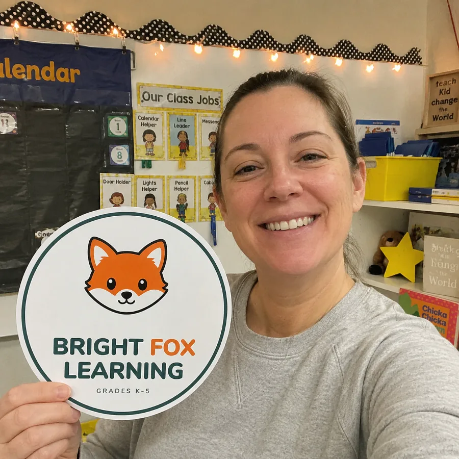 Ms. Emily in her classroom, holding a Bright Fox Learning sign